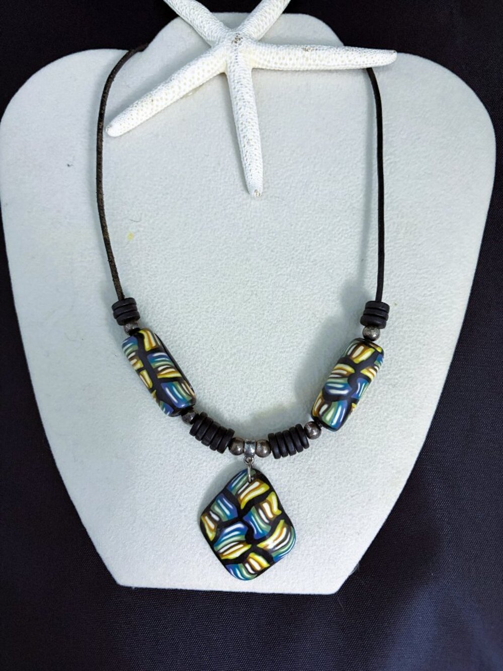 Handcrafted Necklace Patterned Beads & Pendant Black Cord Silvertone hardware